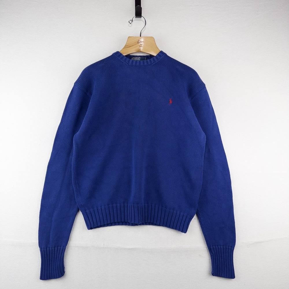 90's Vtg Polo Ralph Lauren Royal Blue Cotton Knit Crew Neck Sweater Men's M